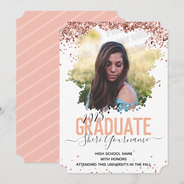 Girly Glitter and Script One Photo Graduation Announcement (Front/Back)