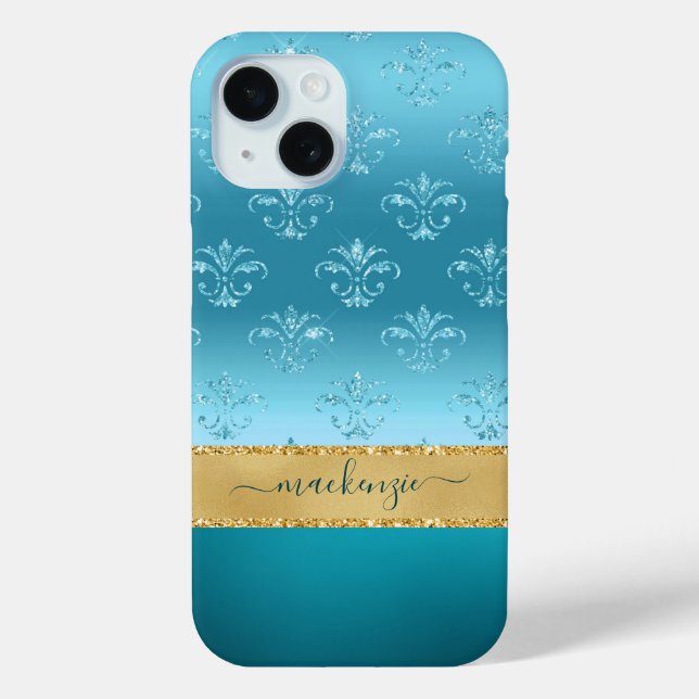 Girly Glitter Blue Gold Glam Metallic Personalized Case-Mate iPhone Case (Back)
