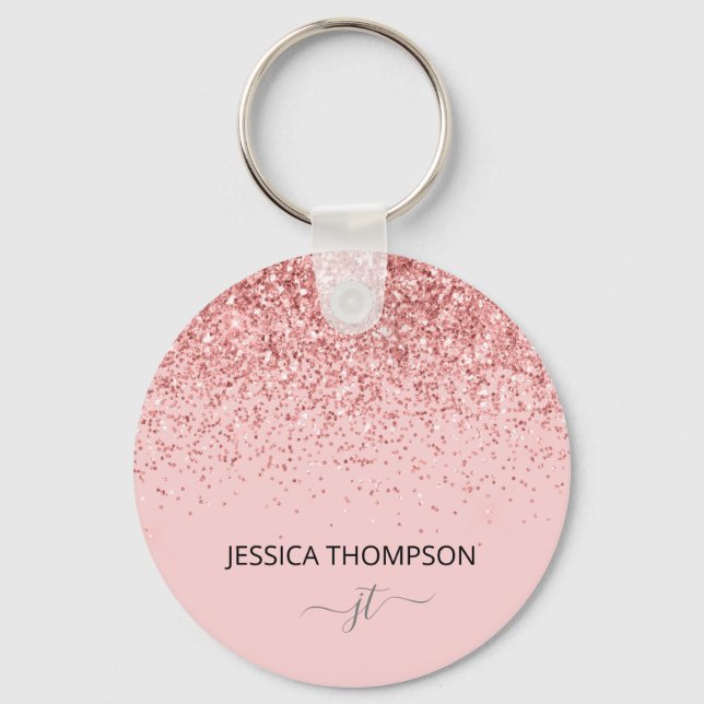 Girly Glitter Blush Pink Simple Monogram Name  Key Ring (Front)