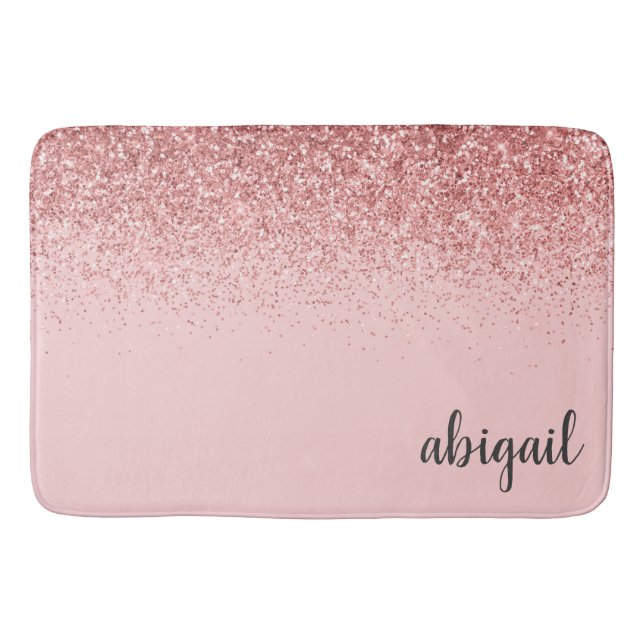 Girly Glitter Blush Pink Stylish Modern Monogram Bath Mat (Front)