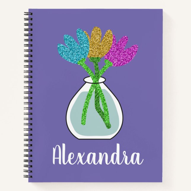 Girly Glitter Flowers Personalised  Notebook (Front)
