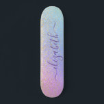 Girly Glitter Gold Confetti Personalised Rainbow Skateboard<br><div class="desc">Personalised girly skateboard featuring sparkly faux gold glitter confetti against a unicorn pastel pink,  purple,  blue and green background. Add your first name in a stylish trendy purple script with swashes.</div>