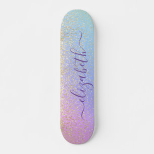 Girly Glitter Gold Confetti Personalised Rainbow Skateboard