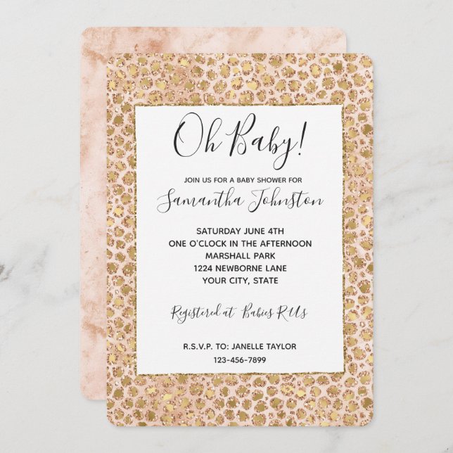 Girly Glitter Gold Peach Leopard Print Invitation (Front/Back)