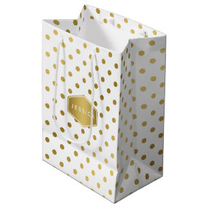 Girly Glitter Gold Polka Dots Pattern Monogram Medium Gift Bag