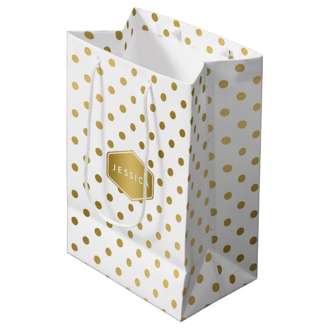 Girly Glitter Gold Polka Dots Pattern Monogram Medium Gift Bag (Front Angled)