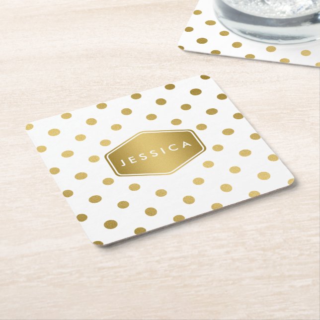 Girly Glitter Gold Polka Dots Pattern Monogram Square Paper Coaster (Angled)