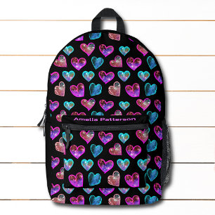 Girly Glitter Hearts Colourful Modern Personalised Printed Backpack