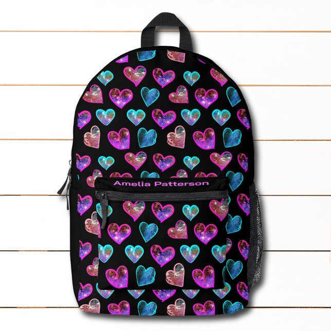 Girly Glitter Hearts Colourful Modern Personalised Printed Backpack (Creator Uploaded)