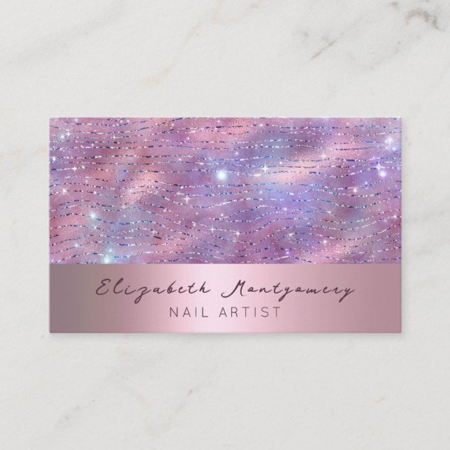 Girly Glitter Lavendar Rose Gold Script Business Card (Front)