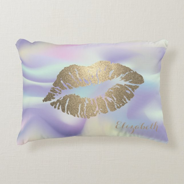 Girly Glitter Lips Holographic Decorative Cushion (Front)
