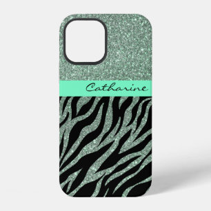 Girly Glitter Mint Green Teal Animal Zebra Pattern iPhone 12 Case