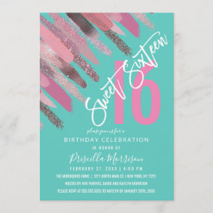 Girly Glitter Paint Brushstroke Pink Teal Sweet 16 Invitation