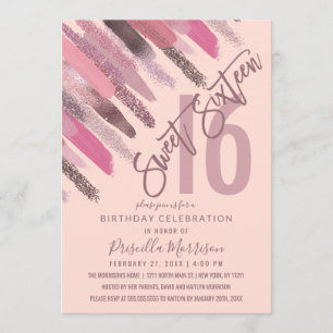 Girly Glitter Paint Brushstrokes Pink Sweet 16 Invitation