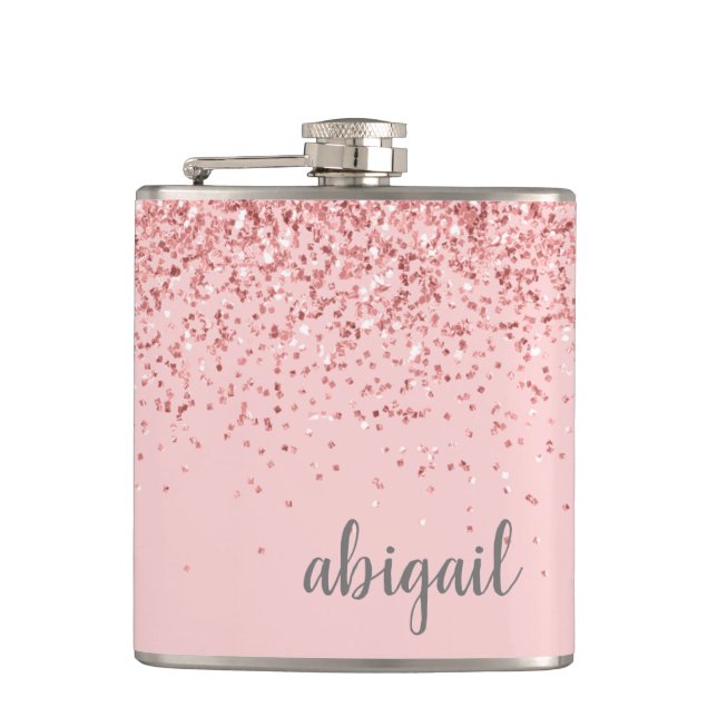 Girly Glitter Personalised Blush Pink Monogram Hip Flask (Front)