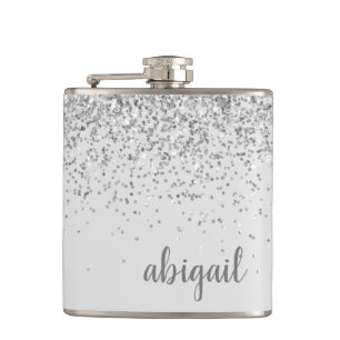 Girly Glitter Personalised Silver Monogram Name Hip Flask