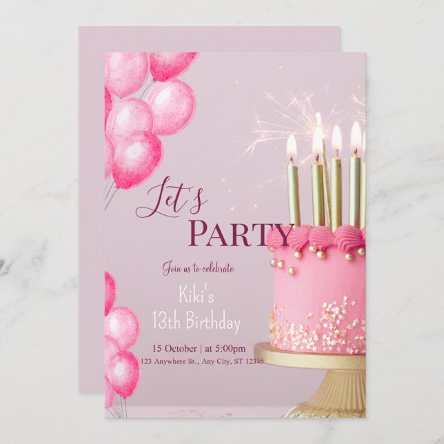 girly glitter pink cute birthday  invitation (Front/Back)
