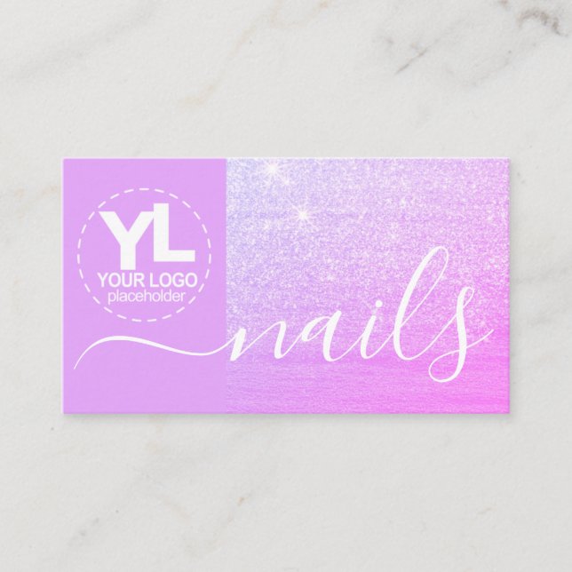 Girly Glitter Pink Purple Logo Template Glamorous Business Card (Front)