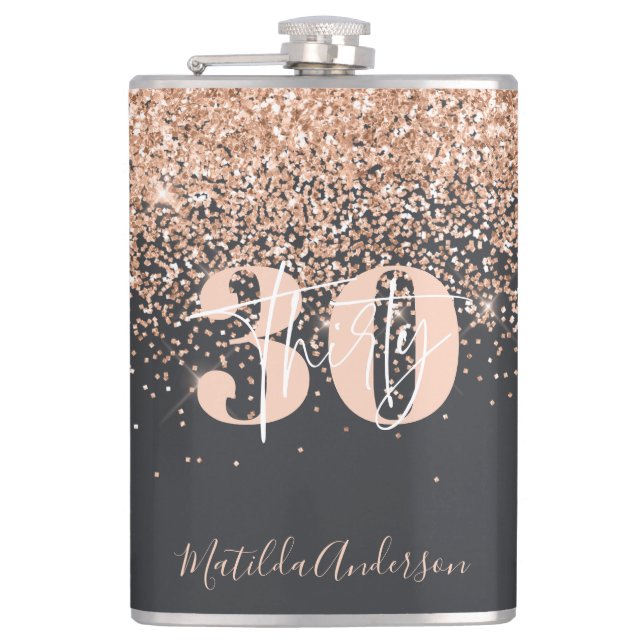 Girly glitter sparkle modern 30th birthday  hip flask (Front)