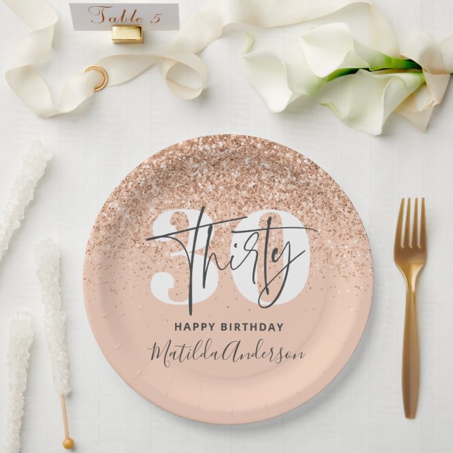 Girly glitter sparkle modern 30th birthday party paper plate (Wedding)
