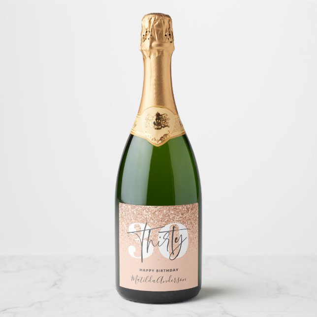 Girly glitter sparkle modern 30th birthday  sparkling wine label (Front)