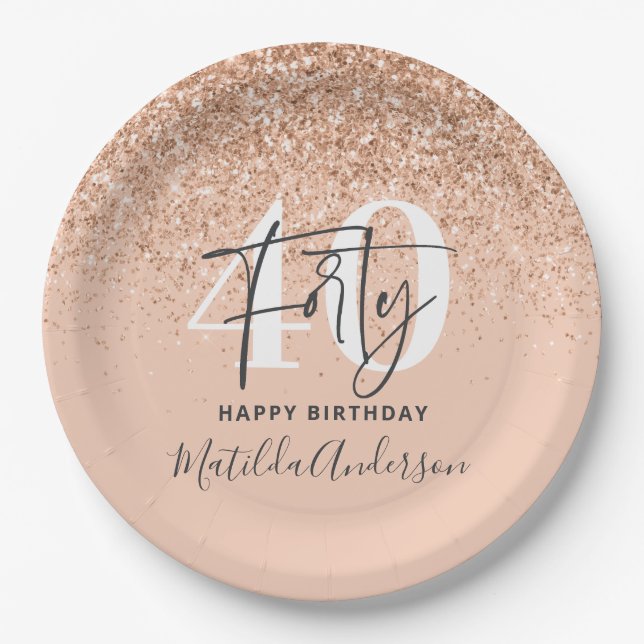Girly glitter sparkle modern 40th birthday party paper plate (Front)