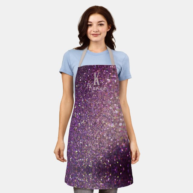 Girly glitter sparkle purple silver name monogram apron (Worn)