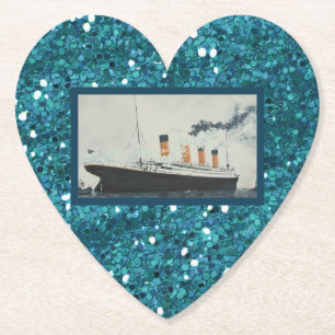 Girly Glitter Titanic Deep Blue Sparkle Heart Paper Coaster
