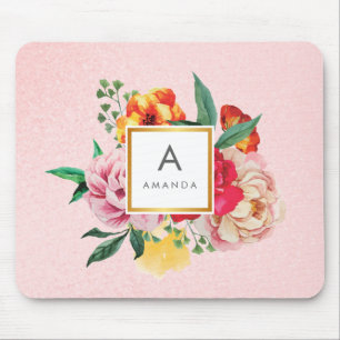 Girly Glitter Watercolor Peony Flowers Monogram Mouse Pad