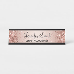 Girly Glittery Faux Rose Gold Gradient Desk Name Plate