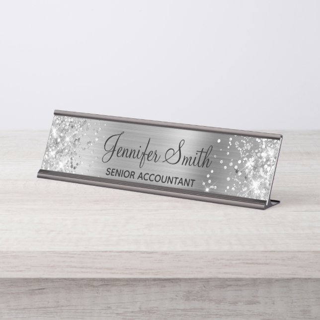 Girly Glittery Faux Silver Foil Desk Name Plate (Front)
