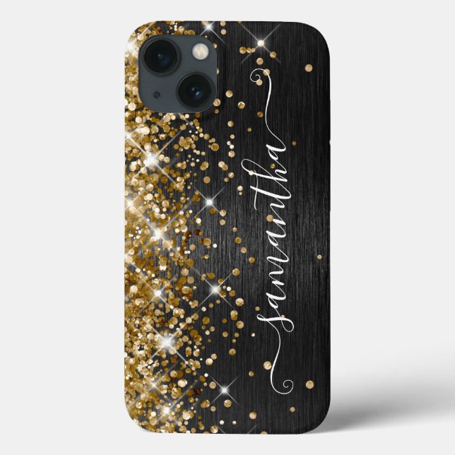 Girly Glittery Gold Black Brushed Metal Case-Mate iPhone Case (Back)