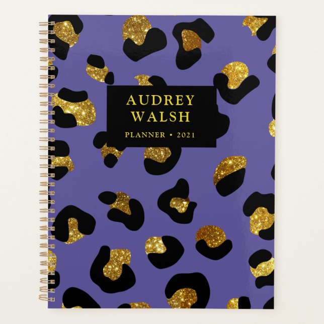 Girly Glittery Gold Purple Leopard Print Luxury Planner (Front)