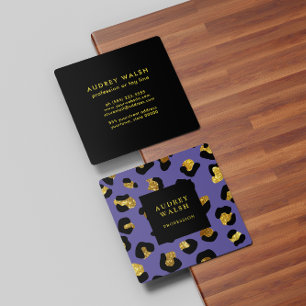Girly Glittery Gold Purple Leopard print Luxury Square Business Card