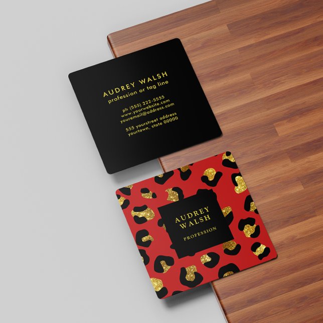 Girly Glittery Gold Red Leopard print  Luxury Square Business Card (Creator Uploaded)