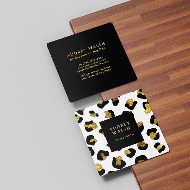 Girly Glittery Gold White Leopard print  Luxury Square Business Card (Creator Uploaded)