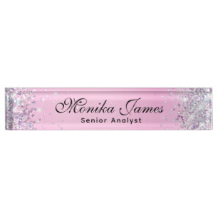 Girly Glittery Holographic Faux Light Pink Custom Nameplate