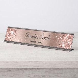 Girly Glittery Rose Gold Foil Desk Name Plate