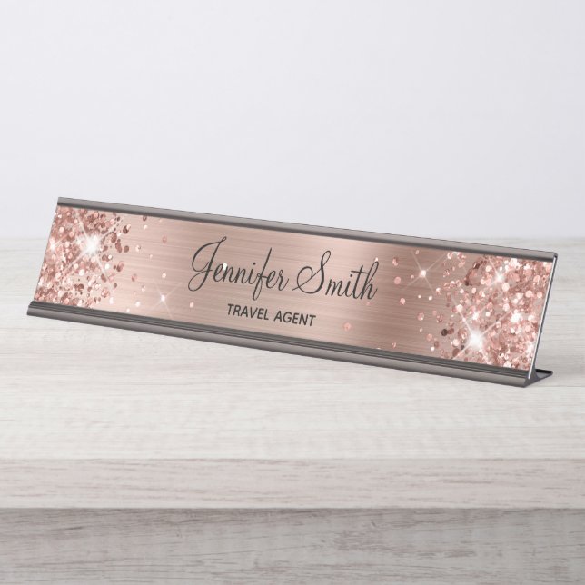Girly Glittery Rose Gold Foil Desk Name Plate (Front)
