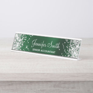 Girly Glittery Silver Faux Dark Green Foil Desk Name Plate