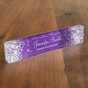 Girly Glittery Silver Faux Indigo Purple Foil Nameplate