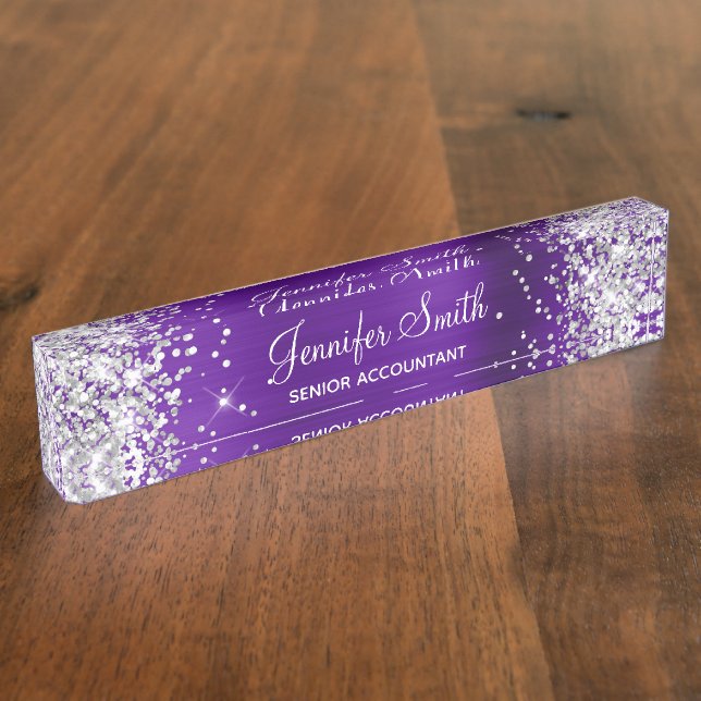 Girly Glittery Silver Faux Indigo Purple Foil Nameplate (Side)