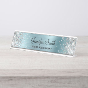 Girly Glittery Silver Faux Light Blue Foil Desk Name Plate