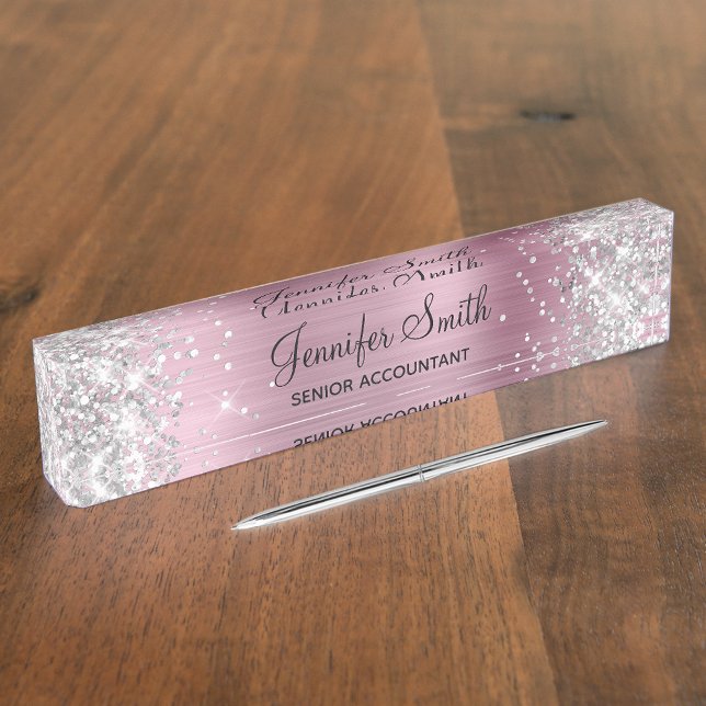 Girly Glittery Silver Faux Light Pink Foil Nameplate (Creator Uploaded)