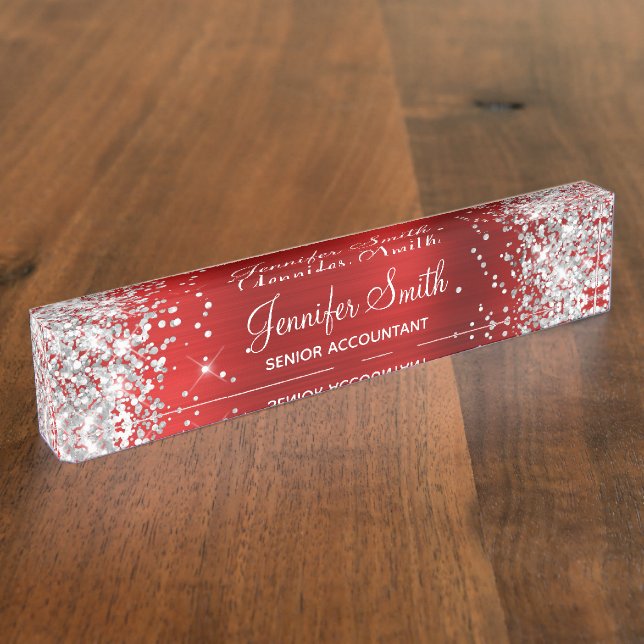 Girly Glittery Silver Faux Red Foil Nameplate (Side)