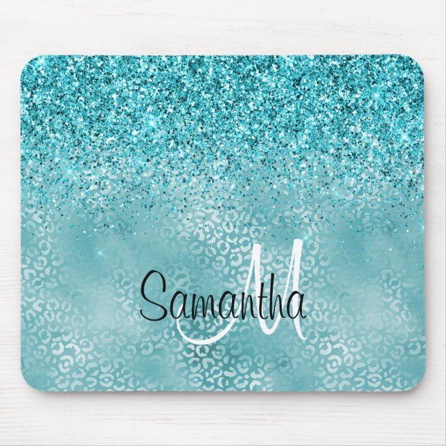 Girly Glitz Aqua Turquoise Glitter Leopard Print Mouse Pad (Front)