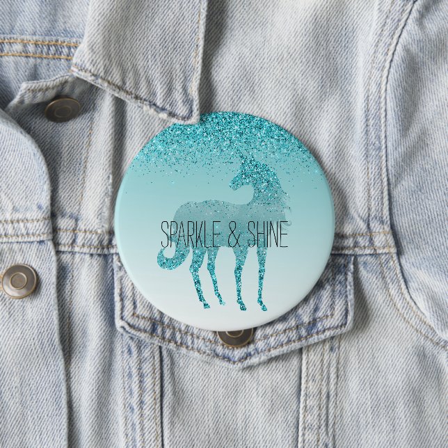 Girly Glitz Aqua Turquoise Glitter Unicorn 10 Cm Round Badge (In Situ)