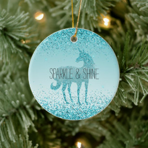 Girly Glitz Aqua Turquoise Glitter Unicorn Ceramic Ornament