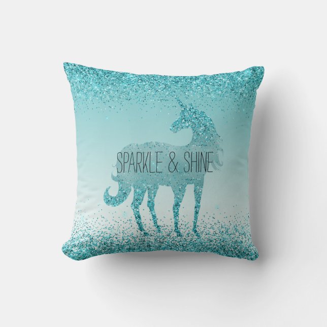 Girly Glitz Aqua Turquoise Glitter Unicorn Cushion (Front)