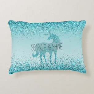 Girly Glitz Aqua Turquoise Glitter Unicorn Decorative Cushion